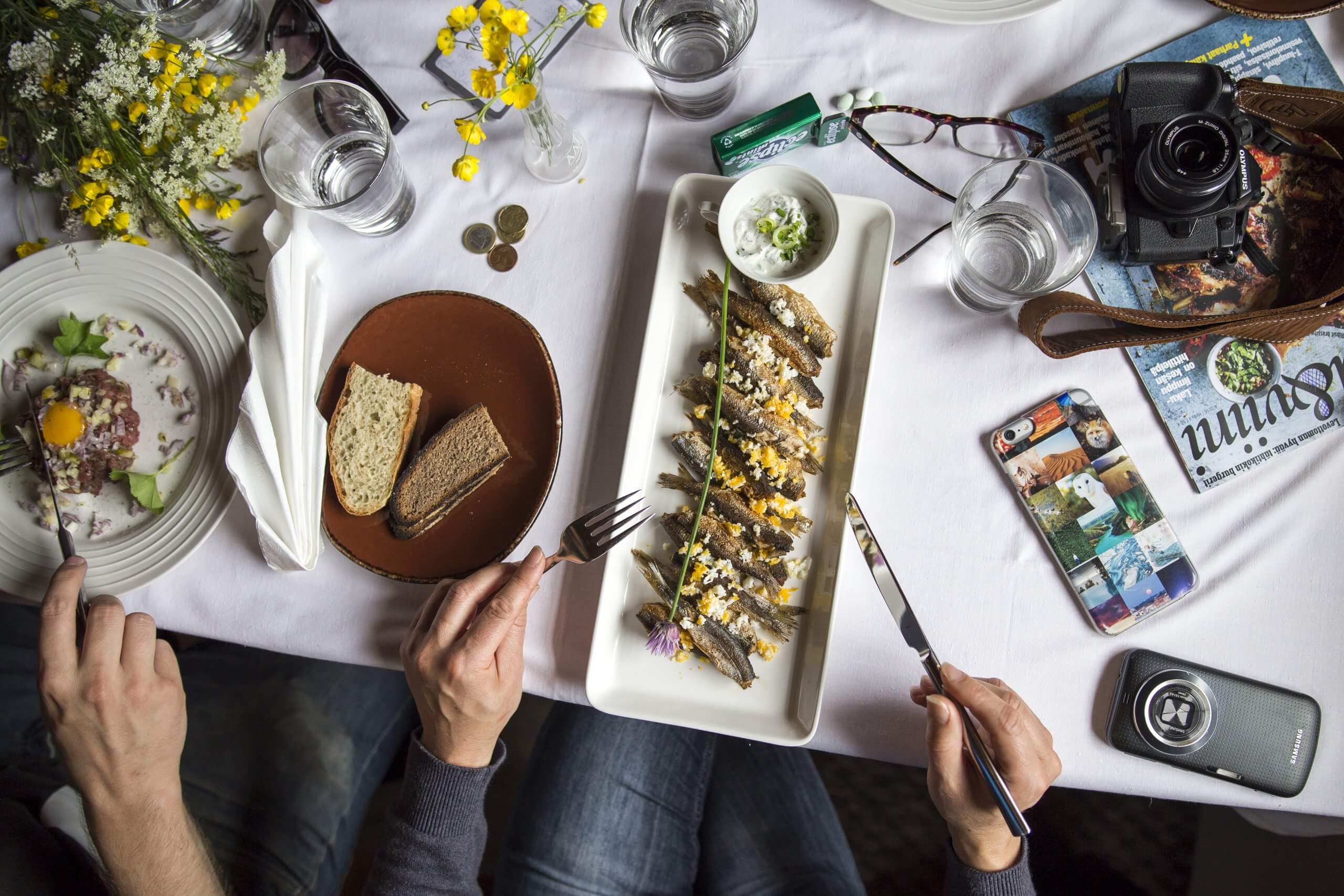 Ruokailutilanne, jossa kaksi henkilöä nauttivat kala-annoksista.